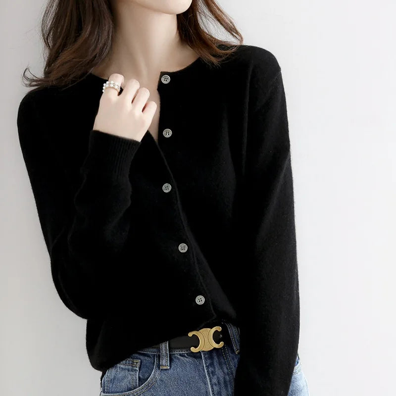 Lunirel women's soft cashmere button-up cardigan with long sleeves, versatile for casual or formal wear.