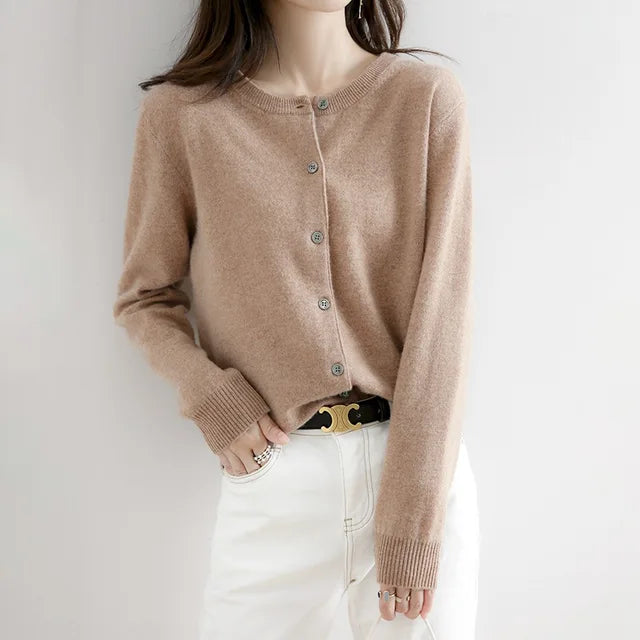 Lunirel women's soft cashmere button-up cardigan with long sleeves, versatile for casual and formal wear.