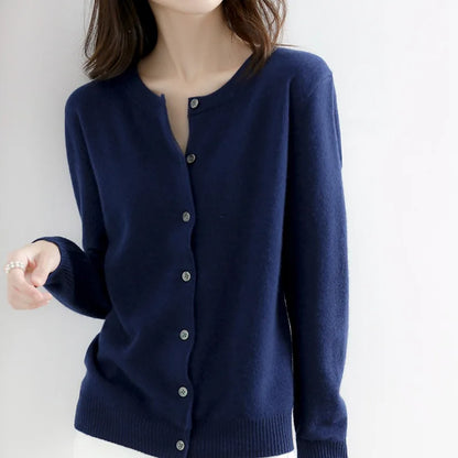 Lunirel women's soft cashmere button-up cardigan with long sleeves, versatile for casual and formal wear.