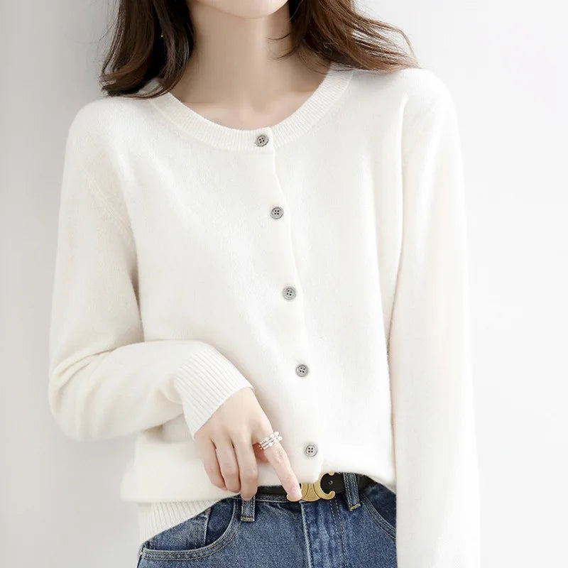 Lunirel women's soft cashmere button-up cardigan with long sleeves, versatile for casual or formal wear.