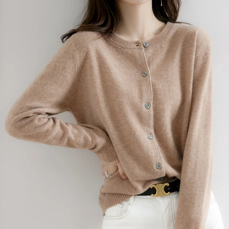 Lunirel women's soft cashmere button-up cardigan with long sleeves, versatile for casual and formal wear.