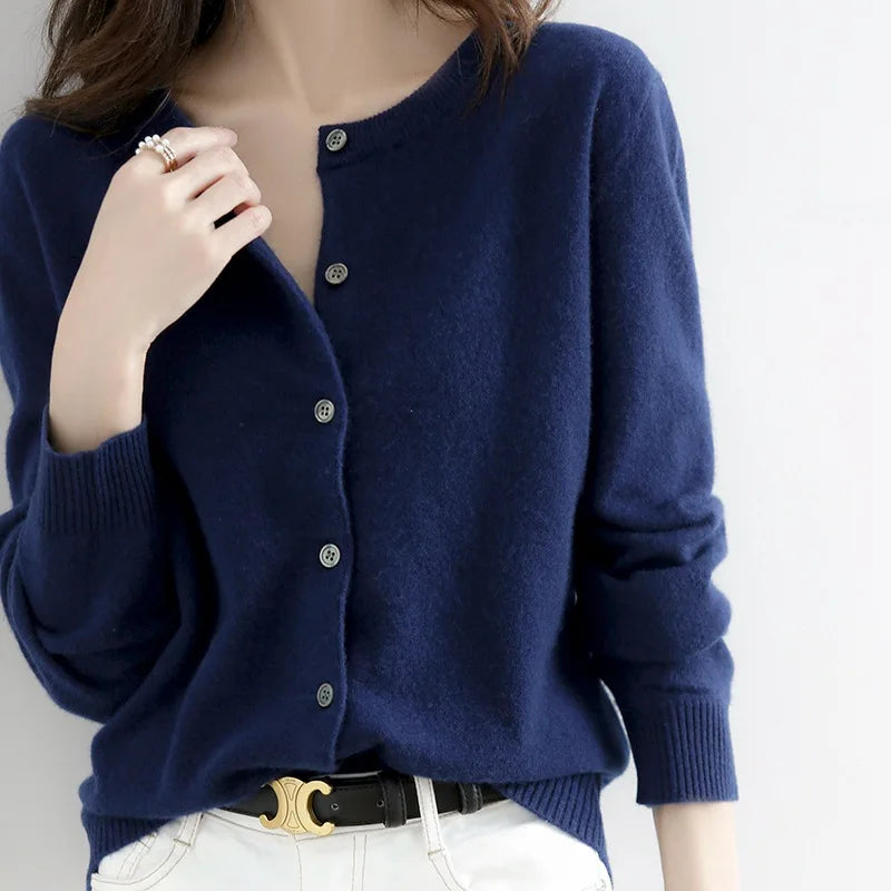 Lunirel women's soft cashmere button-up cardigan with long sleeves, versatile for casual and formal wear.