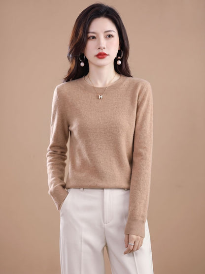 Women's soft cashmere crew-neck sweater with long sleeves and breathable knit, cozy round neck pullover by Homixa.