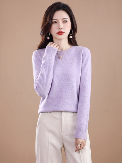 Women's soft cashmere crew-neck sweater with long sleeves and breathable knit, stylish round neck pullover by Homixa.