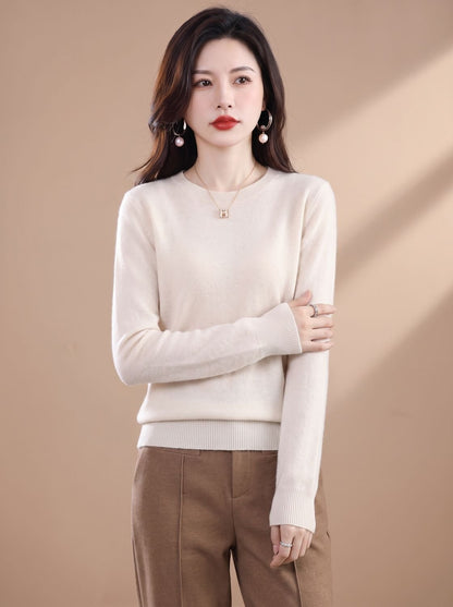 Women's soft cashmere crew-neck sweater with long sleeves and breathable knit, stylish and cozy round neck pullover by Homixa.