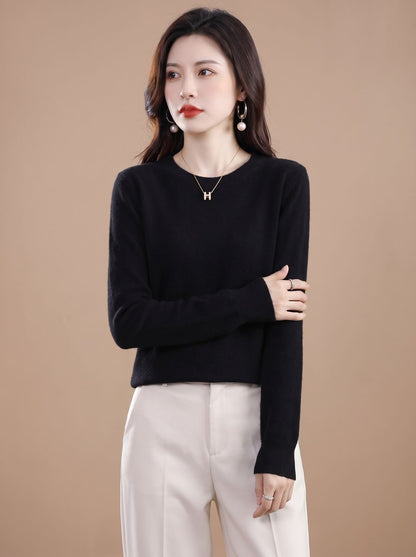 Women’s soft cashmere crew-neck sweater with long sleeves and breathable knit, stylish round neck pullover by Homixa.