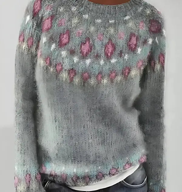 Women's soft-knit relaxed-fit sweater by Homixa with a round neck and patterned yoke, featuring a cozy, casual style.