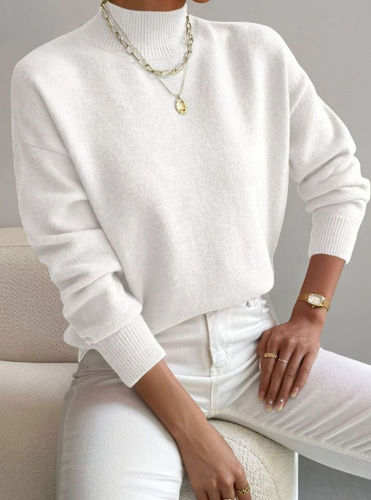Women's soft ribbed-knit turtleneck sweater by Homixa featuring stretch fabric and long sleeves, shown on a model.