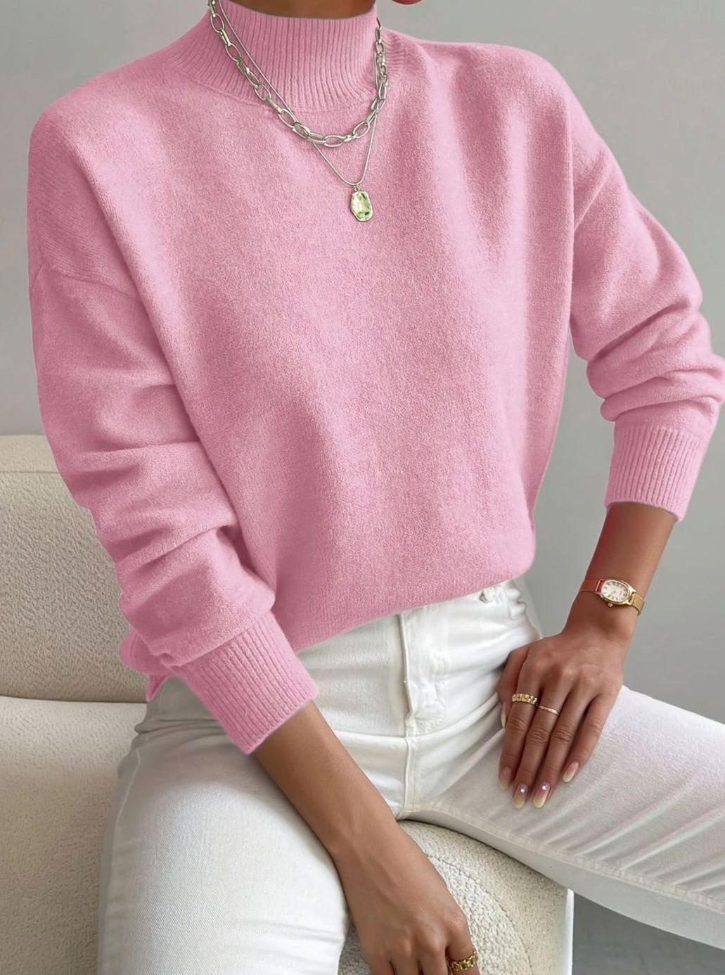 Women’s soft ribbed-knit turtleneck sweater by Homixa with long sleeves and stretch fabric, displayed on a model.