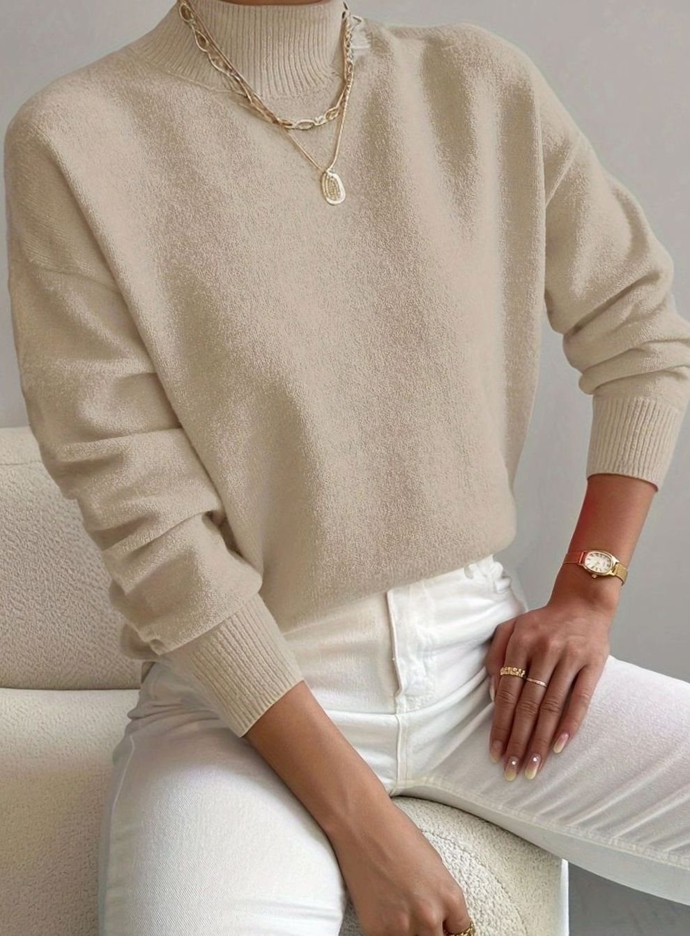 Women's ribbed-knit turtleneck sweater by Homixa featuring stretch fabric and long sleeves, displayed on a model.