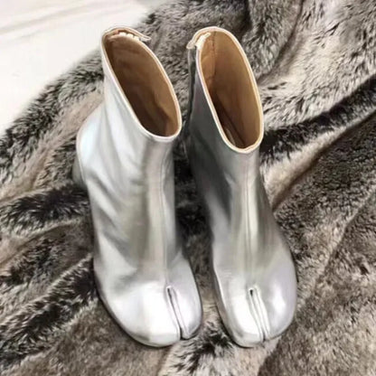Homixa women's split-toe ankle boots with low block heel and smooth leather-look finish, showcasing stylish and comfortable footwear.