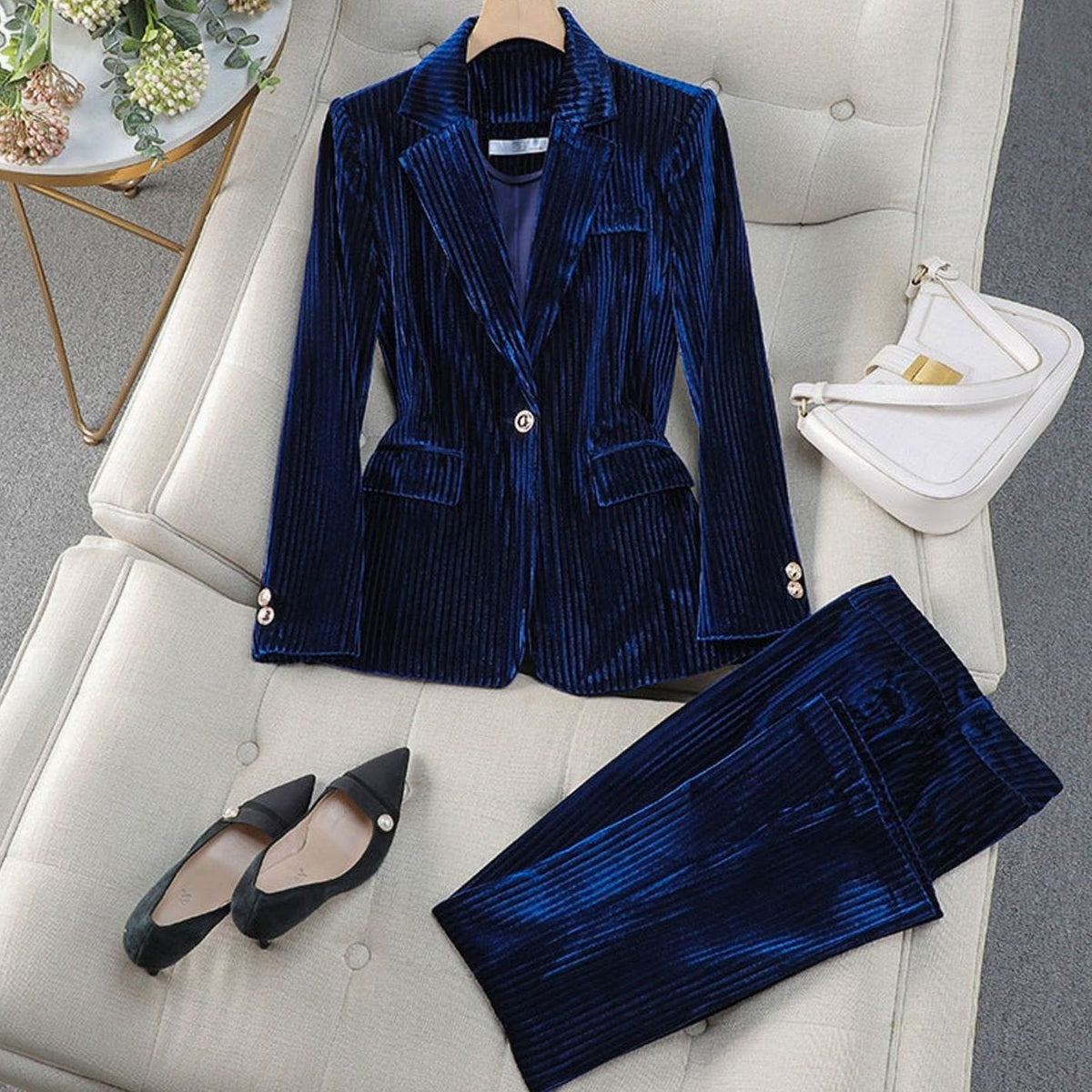 Women's striped velvet pantsuit by Homixa featuring a tailored cut and straight-leg pants, stylish and elegant for formal wear.