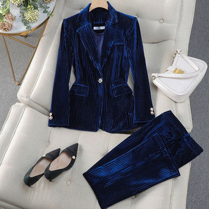 Women's striped velvet pantsuit by Homixa featuring a tailored cut and straight-leg pants, stylish and elegant for formal wear.