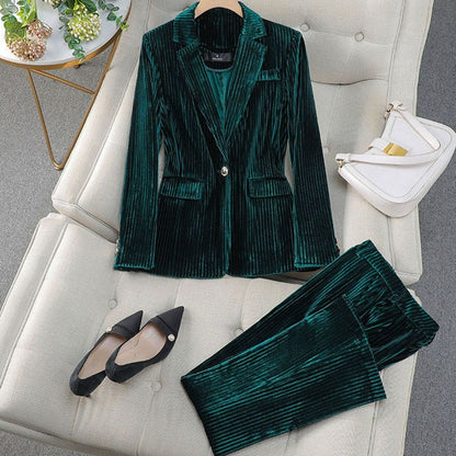 Women’s striped velvet pantsuit with tailored cut and straight-leg pants, stylish Homixa velvet suit set.