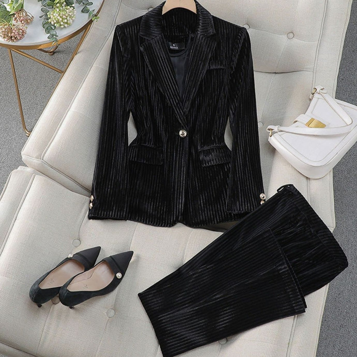 Women's striped velvet pantsuit by Homixa featuring a tailored cut and straight-leg pants, stylish and elegant for formal occasions.