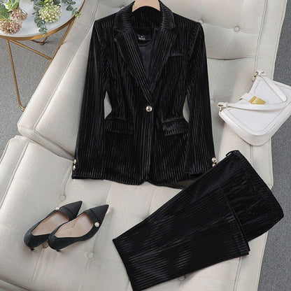 Women's striped velvet pantsuit by Homixa featuring a tailored cut and straight-leg pants, stylish and elegant for formal occasions.