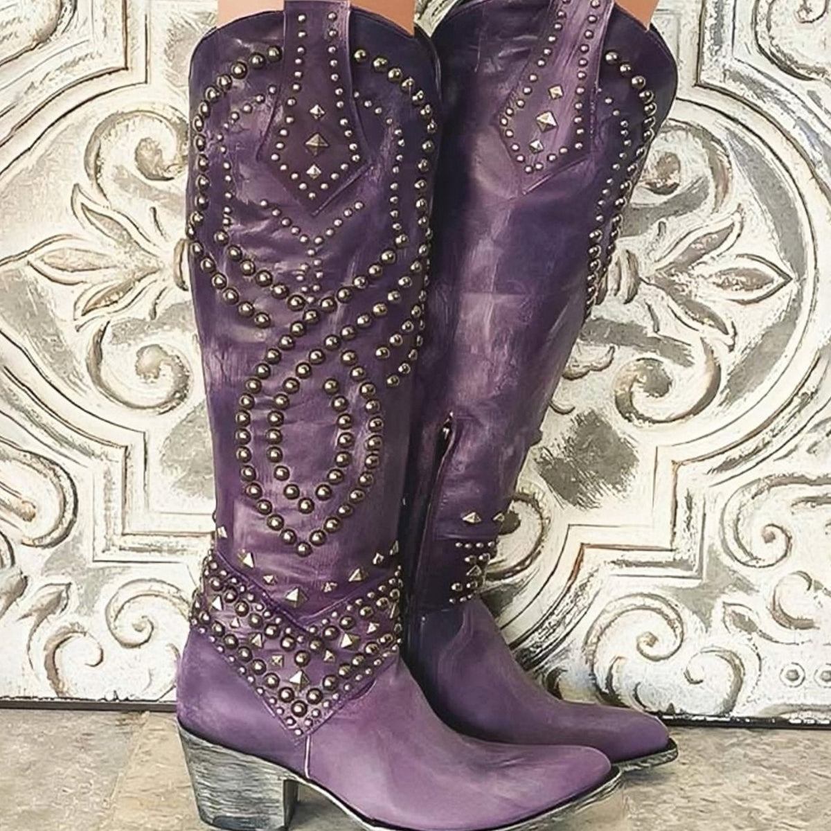 Women's Homixa Western Knee-High Cowboy Boots with studded design, pointed toe, and mid block heel on a plain background.