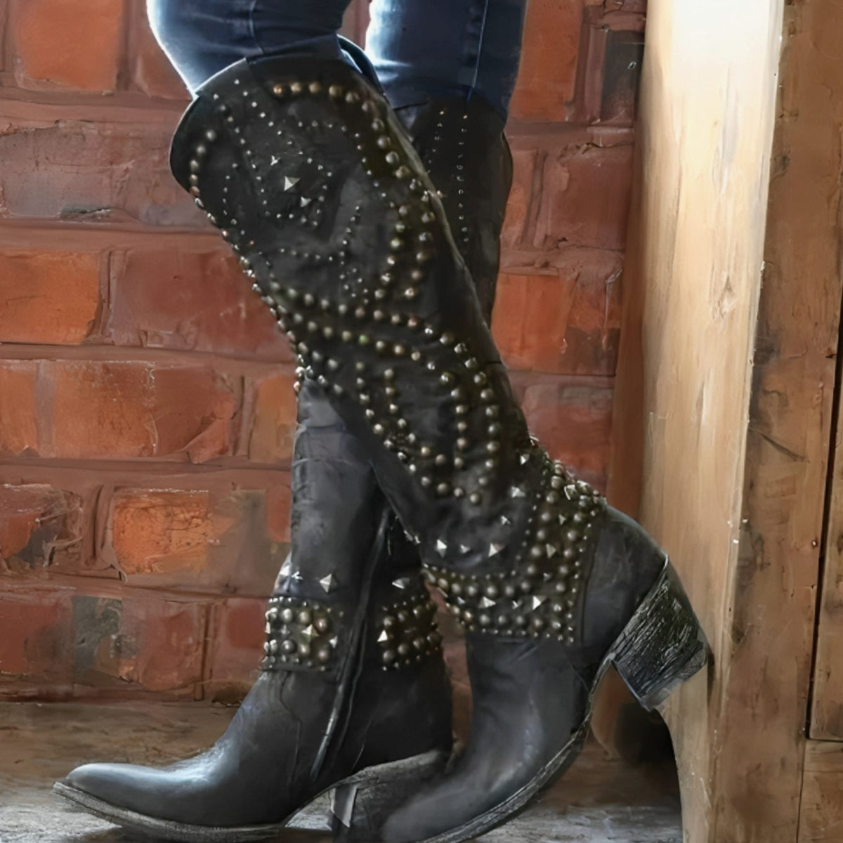 Homixa women's Western cowboy knee-high boots with studded design, pointed toe, and mid block heel.