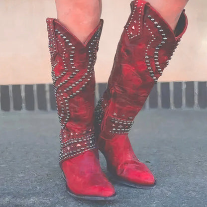 Women's Homixa Western cowboy boots with studded design, knee-high style, pointed toe, and mid-block heel.