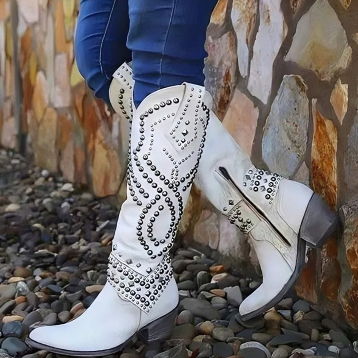 Homixa women's Western cowboy boots with studded design, knee-high length, pointed toe, and mid-block heel.