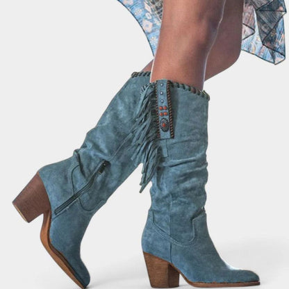 Women's suede fringe knee-high Western boots with turquoise concho detail by Homixa, showcasing intricate Western-style design.