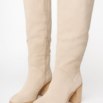 Women's suede-look winter knee-high boots with block heel and inner side zipper by Homixa, showcasing stylish and warm footwear.