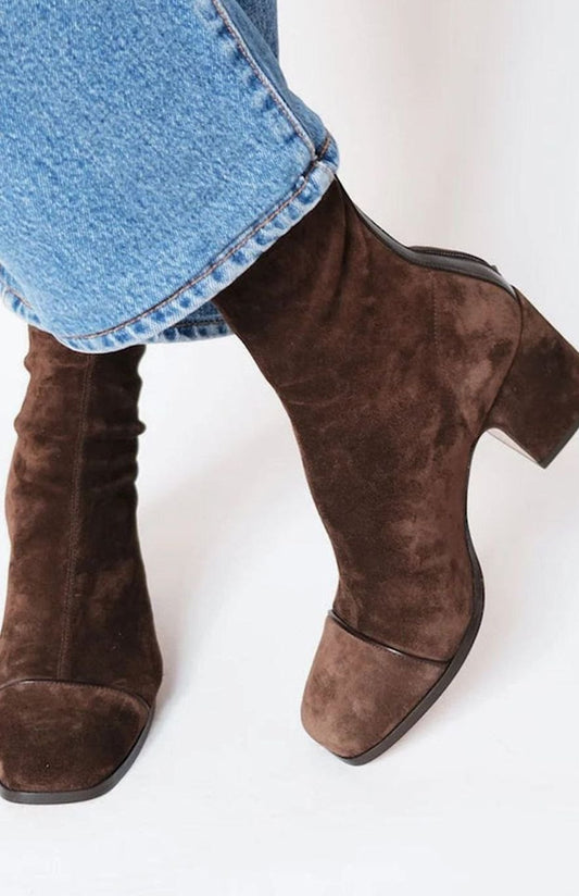 Homixa women's suede square-toe booties with a block heel and minimal silhouette, showcasing stylish footwear for women.