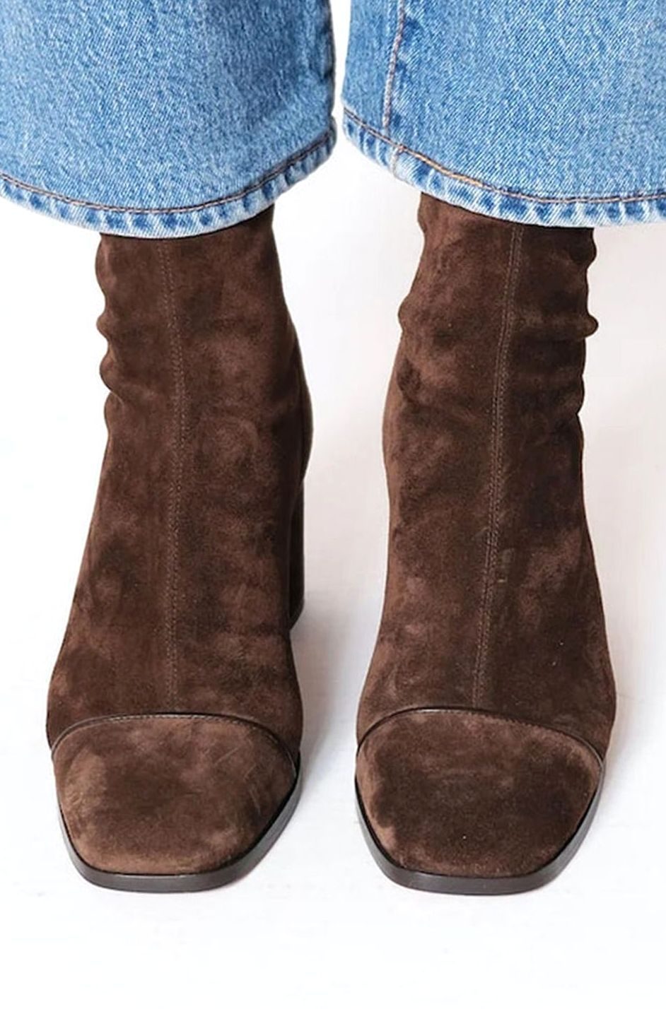 Homixa women's suede square-toe booties with a block heel and minimal silhouette, showcasing stylish and comfortable footwear.