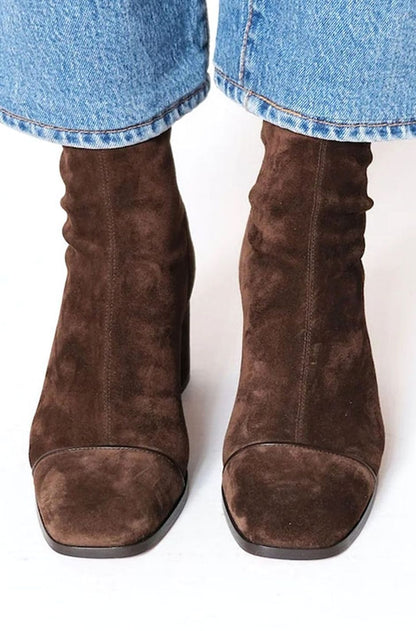 Homixa women's suede square-toe booties with a block heel and minimal silhouette, showcasing stylish and comfortable footwear.