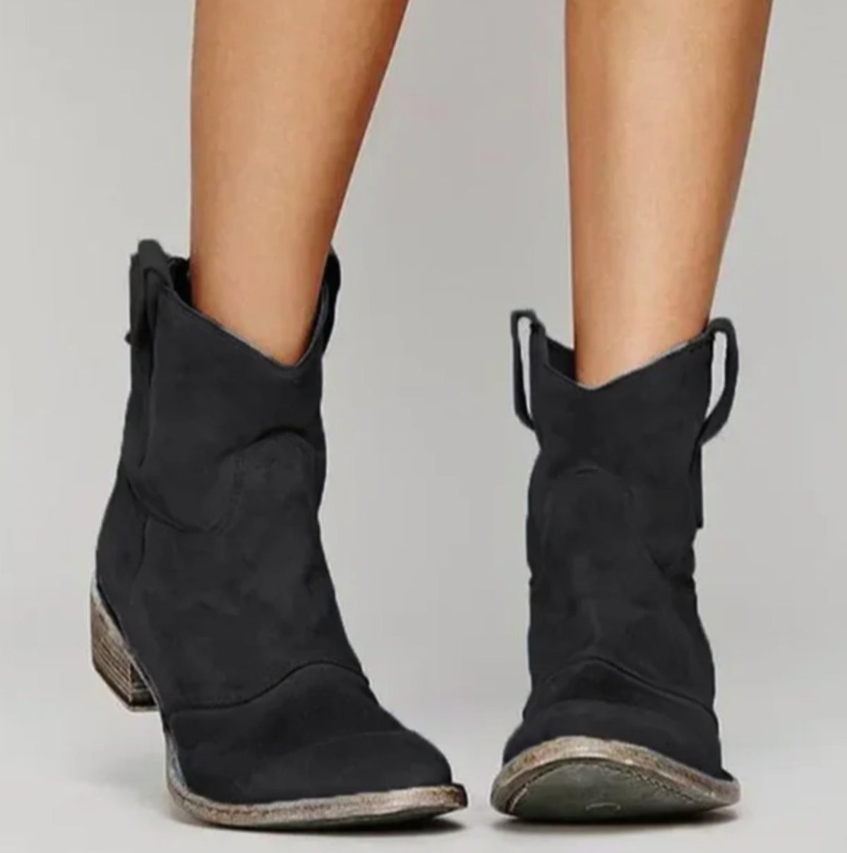 Homixa women's suede western ankle boots with curved stitching, round toe, and low block heel, stylish and comfortable for casual wear.