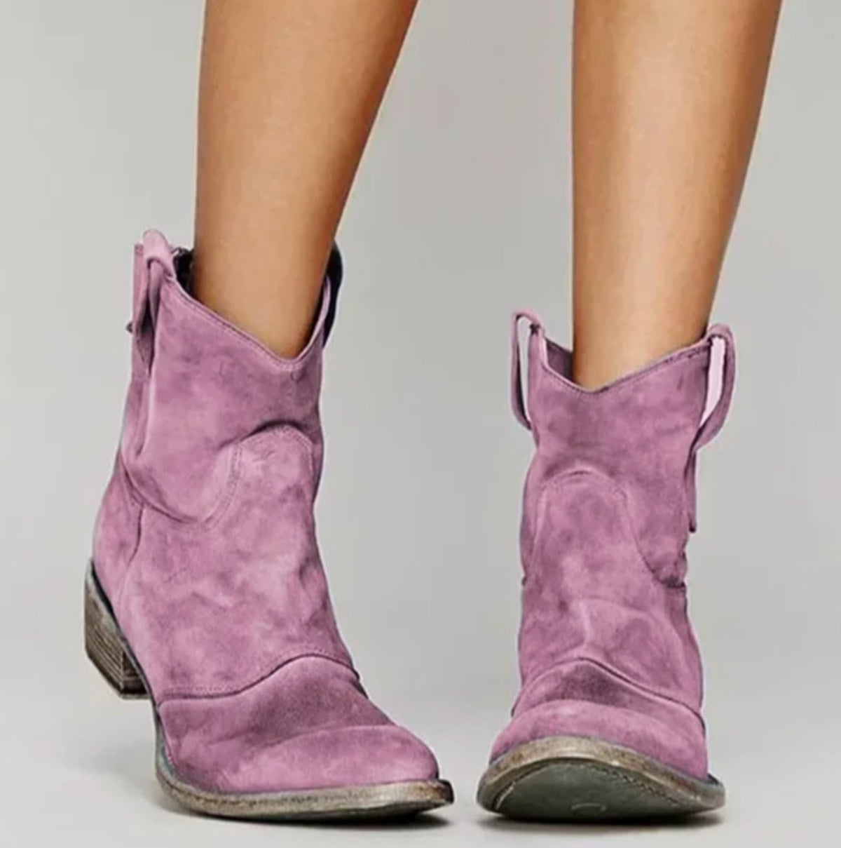 Homixa women's suede western ankle boots with curved stitching, round toe, and low block heel for casual and stylish wear.