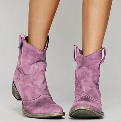 Homixa women's suede western ankle boots with curved stitching, round toe, and low block heel for casual and stylish wear.