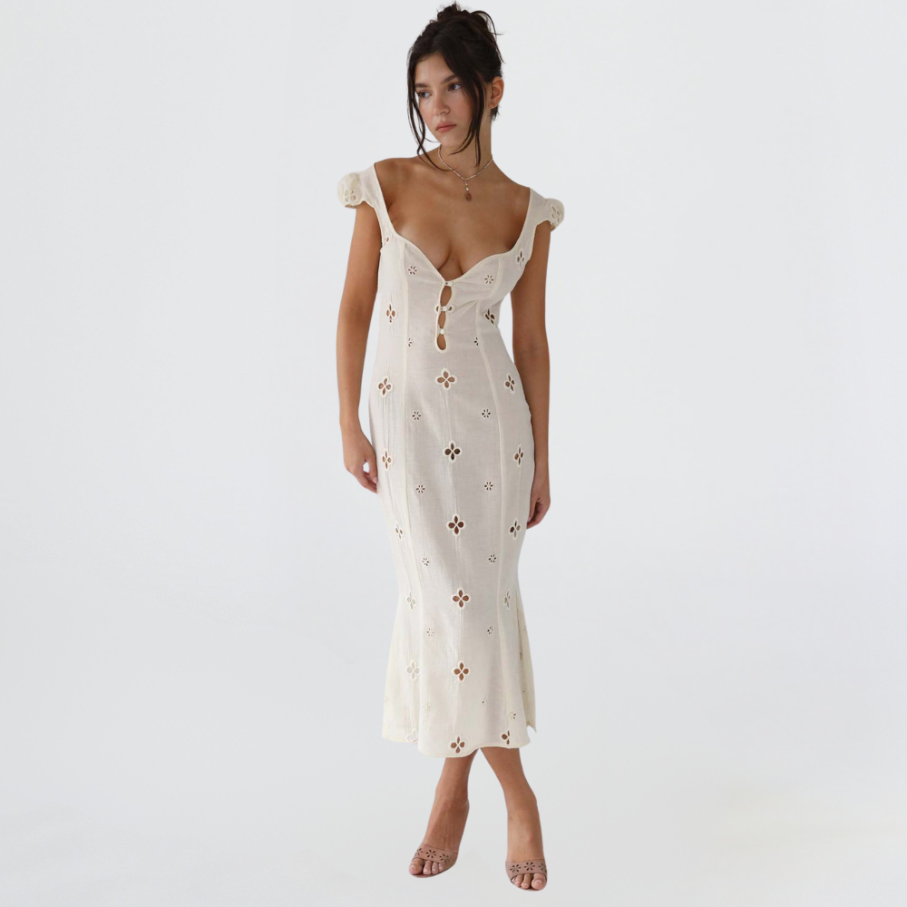 Homixa women's summer midi dress for wedding guests with cutout-inspired pattern, sleeveless and flowy for warm weather occasions.