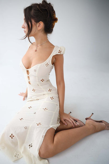 Women's Summer Midi Dress by Homixa featuring a cutout-inspired pattern, perfect for wedding guests and summer occasions.