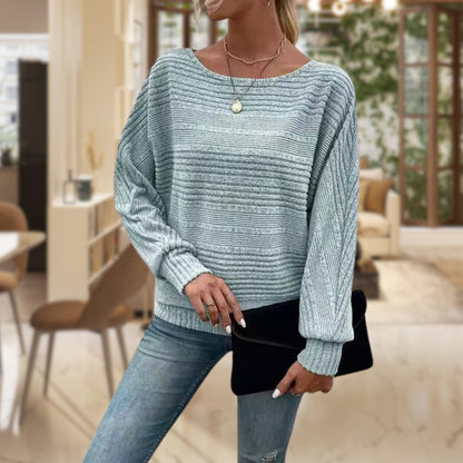 Homixa women's sweater with horizontal ribbing, wide round neckline, and cuffed sleeves, shown on a model.