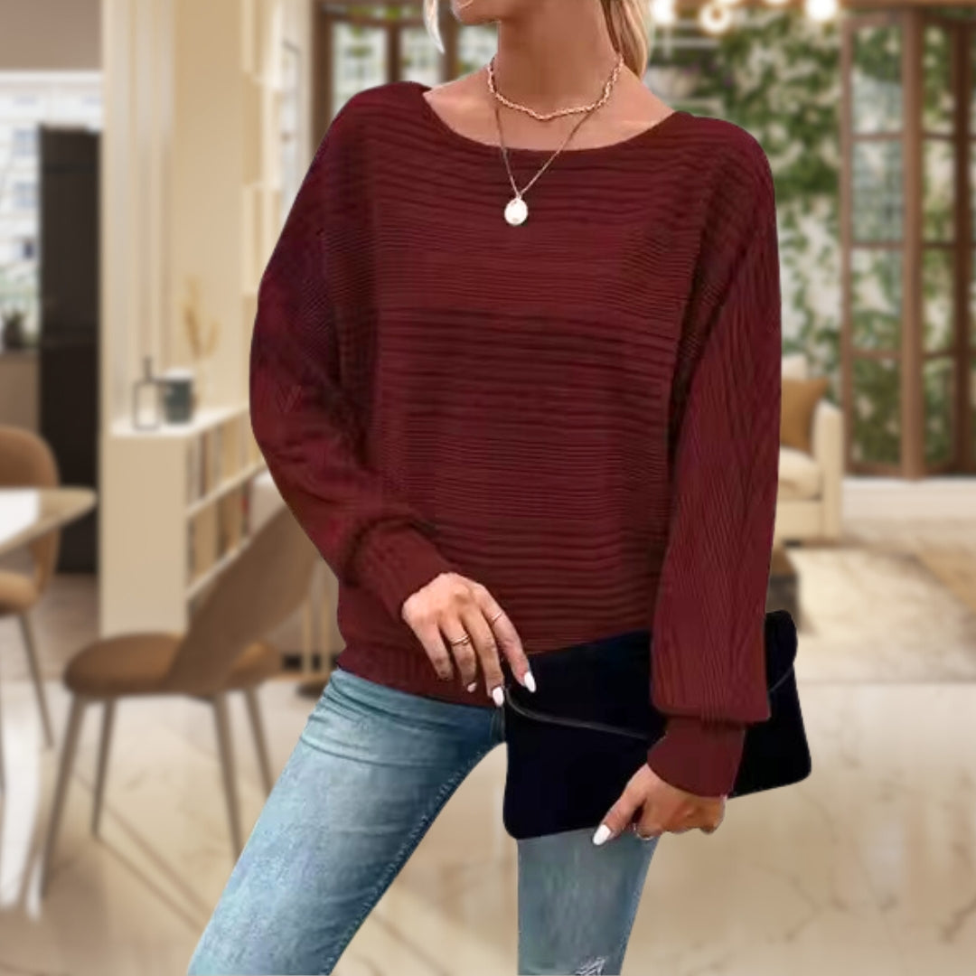 Homixa women's sweater with horizontal ribbing, wide round neckline, and cuffed sleeves, shown on a model.
