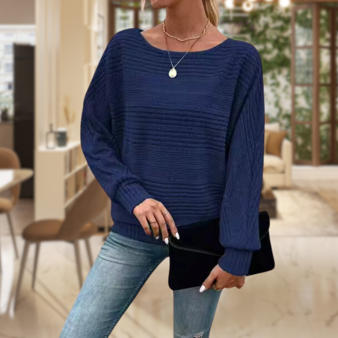 Homixa women's sweater with horizontal ribbing, wide round neckline, and cuffed sleeves, displayed on a model.