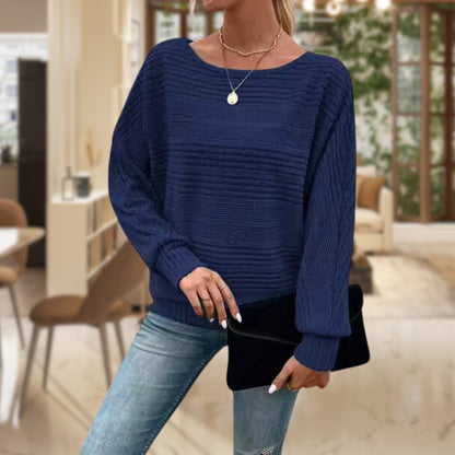 Homixa women's sweater with horizontal ribbing, wide round neckline, and cuffed sleeves, displayed on a model.