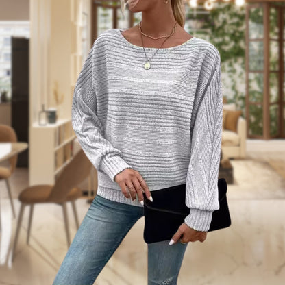 Homixa women's sweater featuring horizontal ribbing, wide round neckline, and cuffed sleeves, displayed on a model.