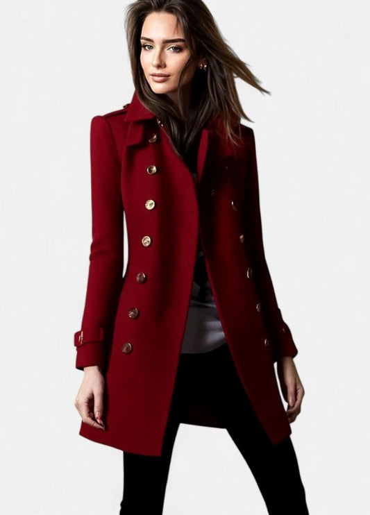 Elegant women's tailored double-breasted midi winter coat by Homixa with gold-tone buttons, shown on a hanger.