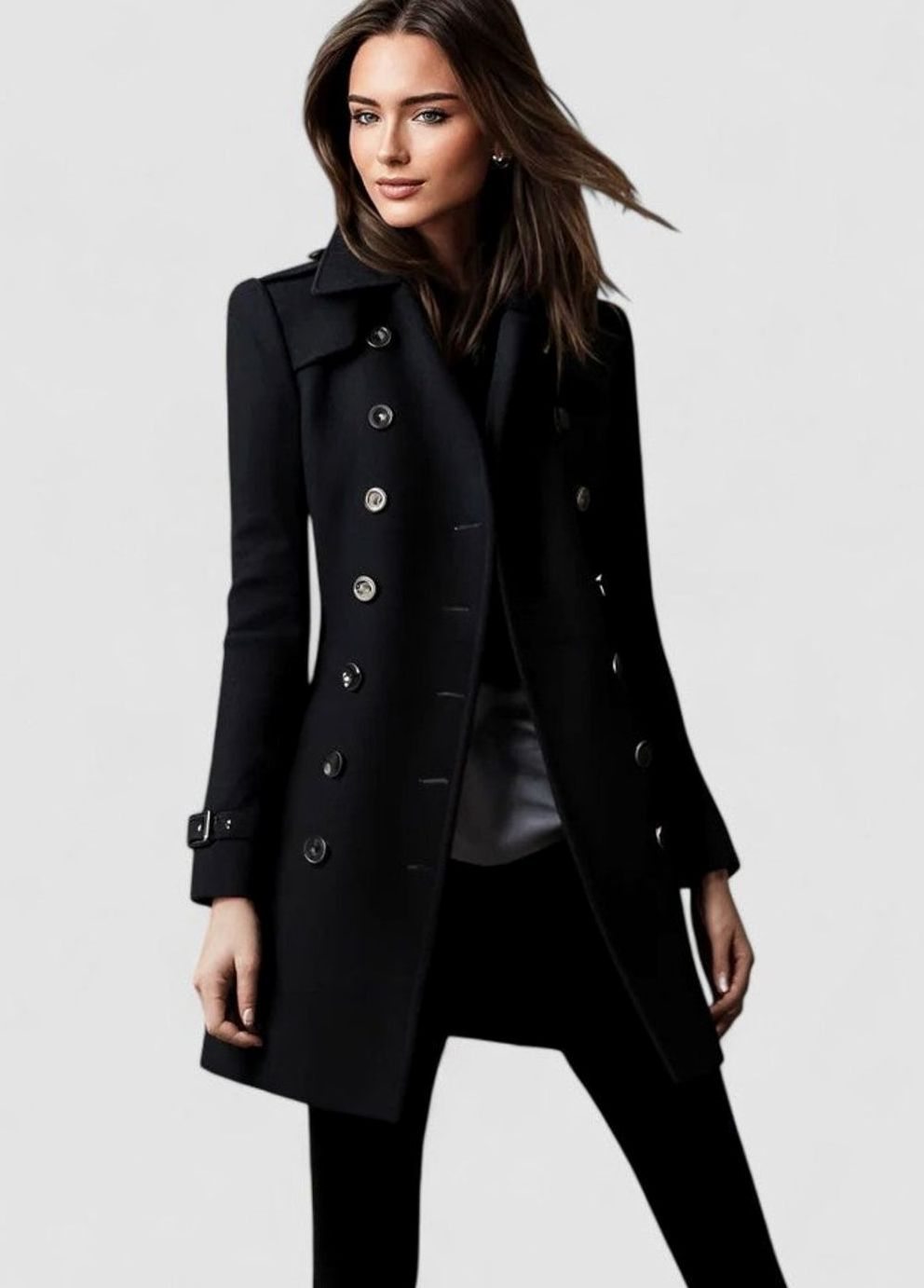 Elegant women's tailored double-breasted midi winter coat by Homixa with gold-tone buttons, displayed on a model.