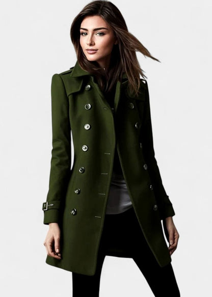 Elegant women's tailored double-breasted winter coat by Homixa with gold-tone buttons, midi length, perfect for cold weather.
