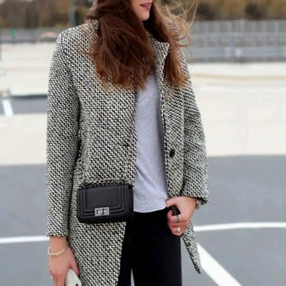 Women’s tailored houndstooth longline coat with structured design, featuring a classic pattern and fitted silhouette by Homixa.