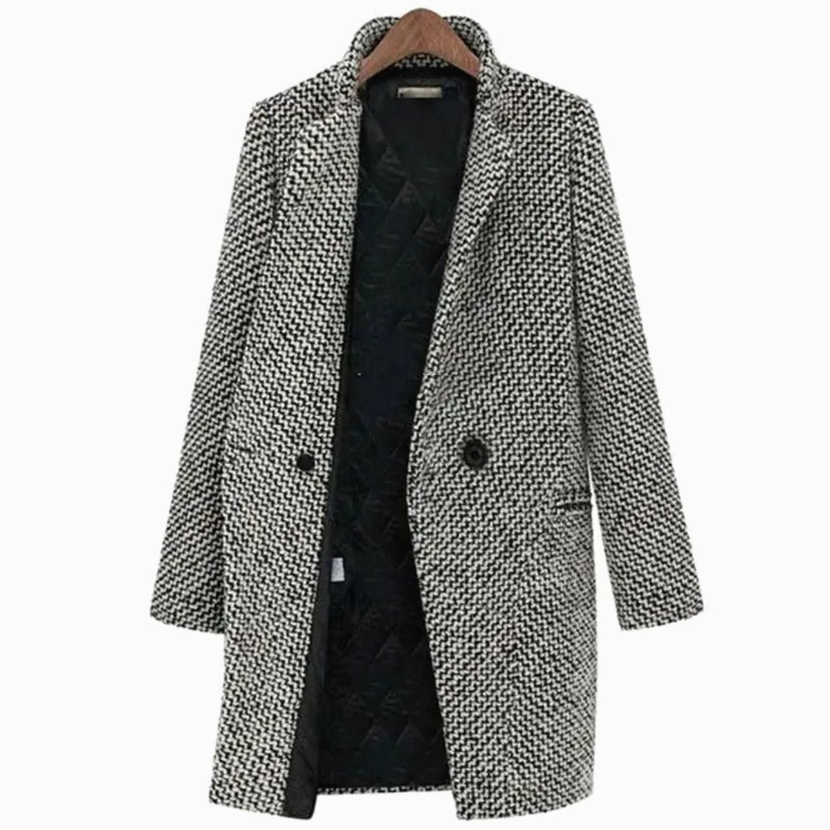 Women's tailored houndstooth longline coat with structured construction, featuring classic pattern and sleek design by Homixa.