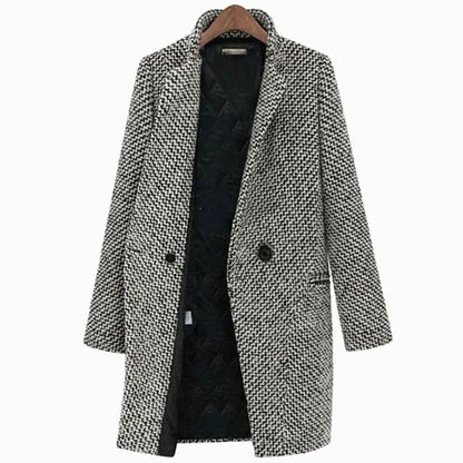 Women's tailored houndstooth longline coat with structured construction, featuring classic pattern and sleek design by Homixa.
