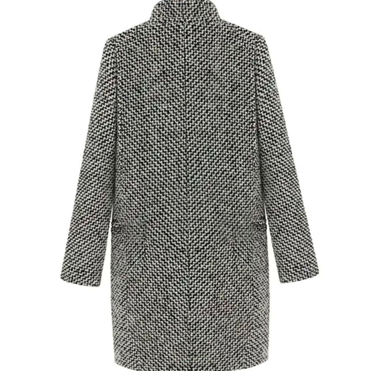Women's tailored houndstooth longline coat by Homixa, featuring structured construction and classic pattern, worn over a stylish outfit.