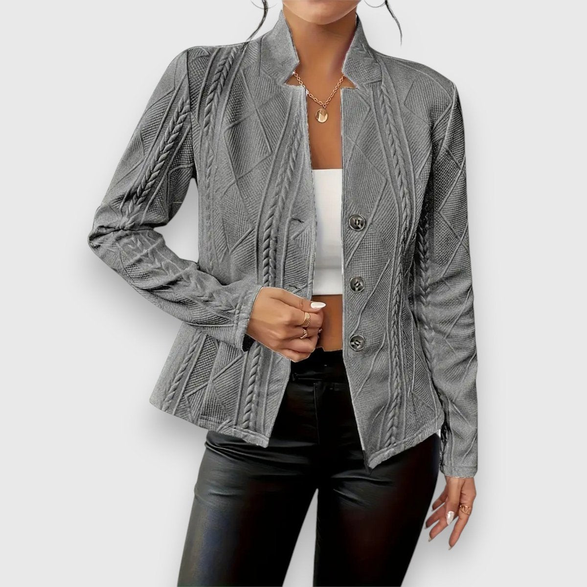 Women's textured knit cardigan by Homixa featuring a button-front design, collared neck, and long sleeves.