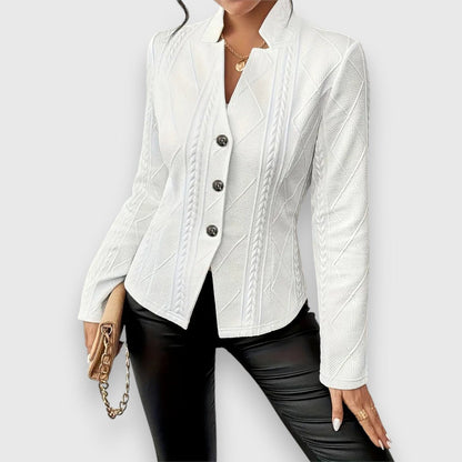 Women's textured knit cardigan by Homixa with button front, collared neck, and long sleeves, perfect for layered fall looks.
