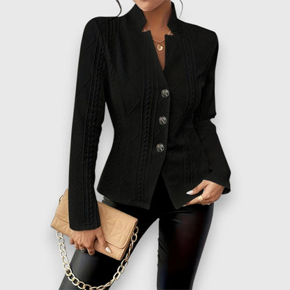 Women's textured knit cardigan by Homixa featuring a button-front, collared neck, long sleeves, and a cozy, stylish design.