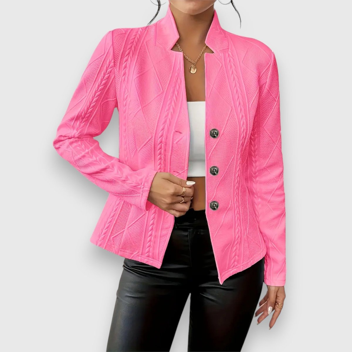 Women's textured knit cardigan with button front, collared neck, and long sleeves, by Homixa.